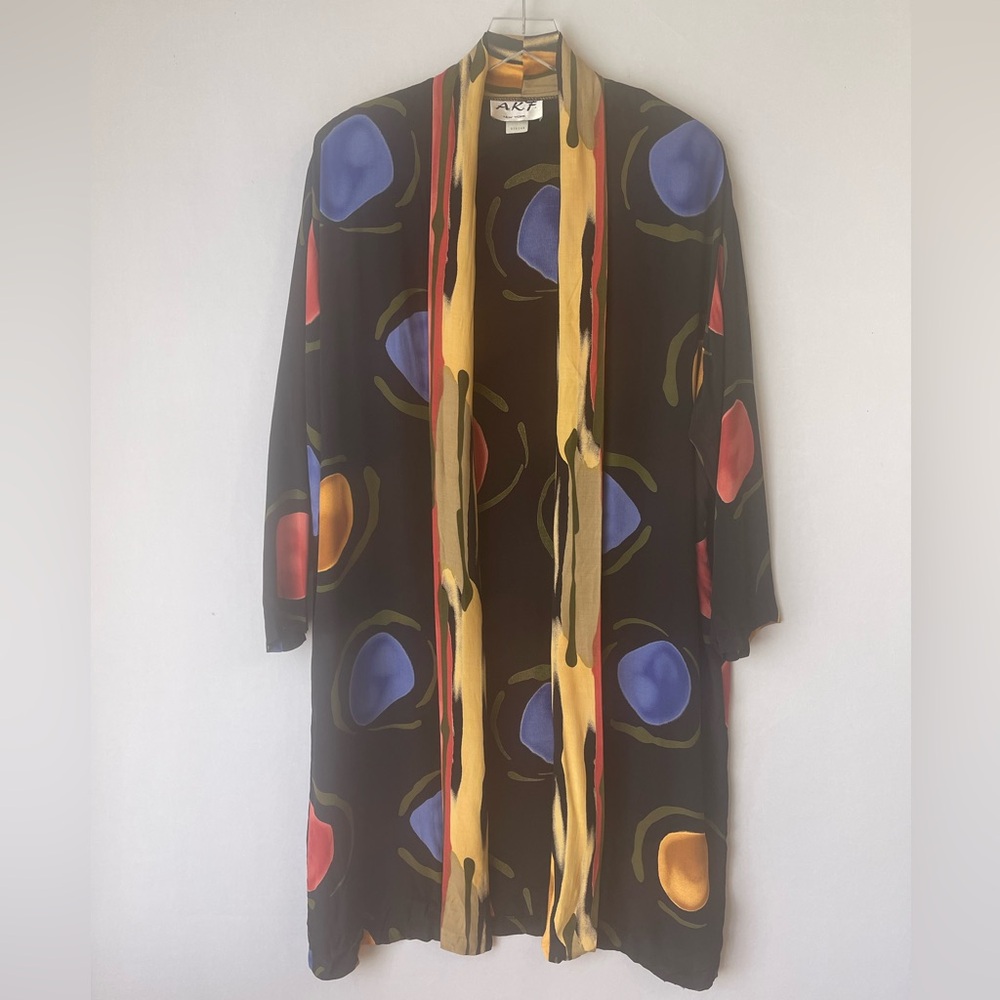 80s Rayon Geometric Primary Color Kimono Jacket Coverup M
